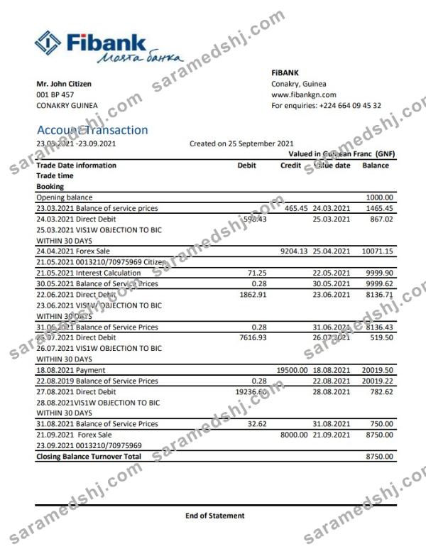 Guinea Fibank bank statement template in .xls and .pdf file format